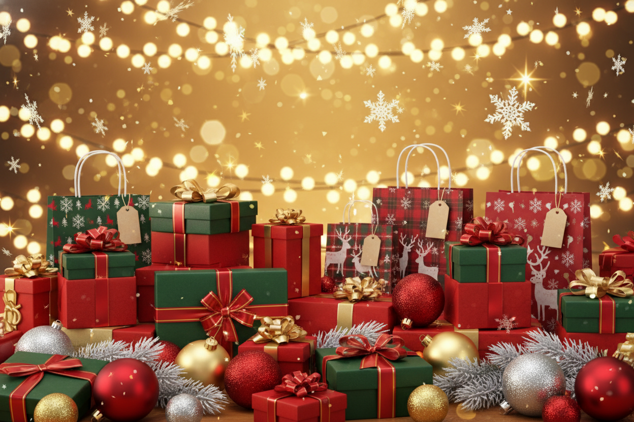 Stwórz obraz świątecznej wyprzedaży bez tekstu, w rozdzielczości umożliwiającej wstawienie to na stronę.